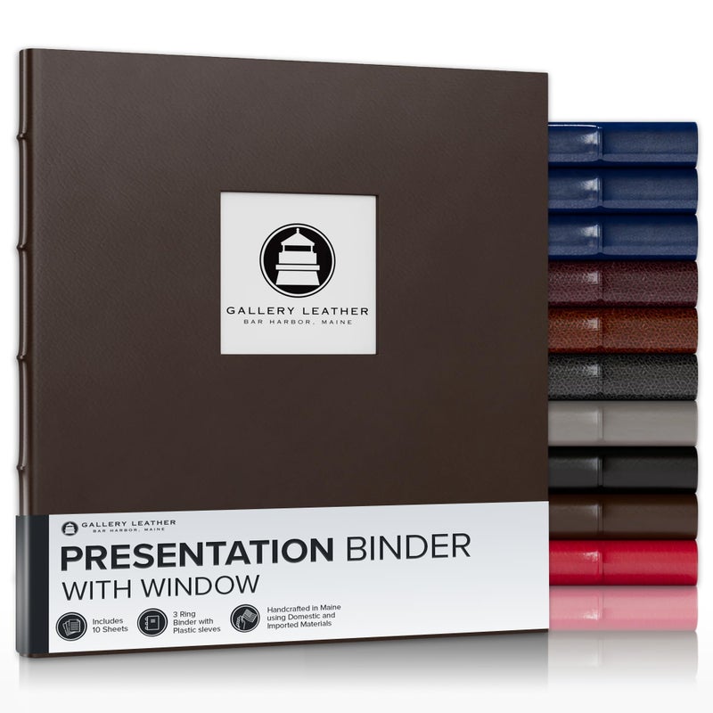 Gallery Leather 3 Ring Binder with Plastic Sleeves, Includes 10 Sheets, Sheet Size: 8.5" x 11" - Presentation Binder Rings with Window and Hubbed Spine, Thick: 0.75" Freeport Mocha - Image 1